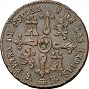 Spain 8 M (Isabel II) KM# 512.2 REYNA DE ESPAÑA Y DE LAS INDIAS 8 M coin reverse Spain 8 M (Isabel II) KM# 512.2 REYNA DE ESPAÑA Y DE LAS INDIAS 8 M coin reverse