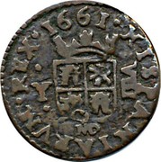 Spain 8 Maravedis (Philip IV) KM# 171.1 HISPANIARUM REX 1661 Y VIII MD coin reverse Spain 8 Maravedis (Philip IV) KM# 171.1 HISPANIARUM REX 1661 Y VIII MD coin reverse