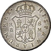 Spain 8 Reales (Carlos III) KM# 414.1 HISPANIARUM REX R 8 M M coin reverse Spain 8 Reales (Carlos III) KM# 414.1 HISPANIARUM REX R 8 M M coin reverse