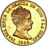 Spain 80 Rs KM# 578.3 Milled Real Coinage ISABEL 2A POR LA GRACIA DE DIOS Y LA CONST 1844 coin obverse Spain 80 Rs KM# 578.3 Milled Real Coinage ISABEL 2A POR LA GRACIA DE DIOS Y LA CONST 1844 coin obverse