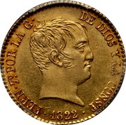 Spain 80 Rs KM# 564.3 Milled Real Coinage FERN 7° POR LA G DE DIOS Y LA CONST 1822 coin obverse Spain 80 Rs KM# 564.3 Milled Real Coinage FERN 7° POR LA G DE DIOS Y LA CONST 1822 coin obverse