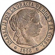 Spain Centimo KM# 633.3 Second Decimal Coinage ISABEL II POR LA GRACIA DE DIOS Y LA CONST. 1866 coin obverse Spain Centimo KM# 633.3 Second Decimal Coinage ISABEL II POR LA GRACIA DE DIOS Y LA CONST. 1866 coin obverse