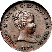 Spain 1 M (Isabel II) KM# 525.2 ISABEL 2 POR LA G DE DIOS Y LA CONST 1842 1 M coin obverse Spain 1 M (Isabel II) KM# 525.2 ISABEL 2 POR LA G DE DIOS Y LA CONST 1842 1 M coin obverse