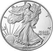 USA One Dollar (Walking Liberty. Type 2) L I B E R T Y IN GOD WE TRUST 2021 coin obverse USA One Dollar (Walking Liberty. Type 2) L I B E R T Y IN GOD WE TRUST 2021 coin obverse