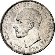 Spain Una Peseta (Alfonso XIII Trial Strike) ALFONSO XIII REY DE ESPAÑA UNA PESETA coin obverse Spain Una Peseta (Alfonso XIII Trial Strike) ALFONSO XIII REY DE ESPAÑA UNA PESETA coin obverse