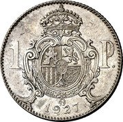 Spain Una Peseta (Alfonso XIII Trial Strike) 1 P. 1927 coin reverse Spain Una Peseta (Alfonso XIII Trial Strike) 1 P. 1927 coin reverse