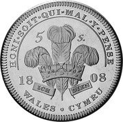 UK 1 Crown (George III Wales) X# M1 HONI SOIT QUI MAL Y PENSE WALES CYMRU 5 S 1808 ICH DIEN coin reverse UK 1 Crown (George III Wales) X# M1 HONI SOIT QUI MAL Y PENSE WALES CYMRU 5 S 1808 ICH DIEN coin reverse