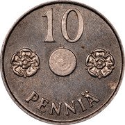 Finland 10 Pennia Without center hole 1941 Without hole KM# Pn22 10 PENNIÄ coin reverse Finland 10 Pennia Without center hole 1941 Without hole KM# Pn22 10 PENNIÄ coin reverse