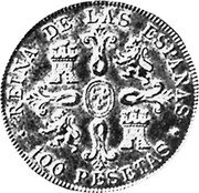 Spain 100 Pesetas Isabel II 1894 Proof X# 8 REINA DE LAS ESPAÑAS 100 PESETAS coin reverse