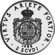 Malta 2 Scvdi (Andrew Bertie) X# 139 VIRTVS ARIETE FORTIOR 1988 2 SCVDI coin reverse Malta 2 Scvdi (Andrew Bertie) X# 139 VIRTVS ARIETE FORTIOR 1988 2 SCVDI coin reverse