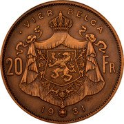 Belgium 20 Francs (Albert I) KM# Pn318 VIER BELGA 20 FR G D 19 31 coin reverse Belgium 20 Francs (Albert I) KM# Pn318 VIER BELGA 20 FR G D 19 31 coin reverse