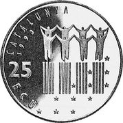Spain 25 ECU Catalonia 1993 Proof X# M12 CATALUNYA 1993 25 ECU coin obverse Spain 25 ECU Catalonia 1993 Proof X# M12 CATALUNYA 1993 25 ECU coin obverse