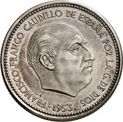 Spain 2'50 Pesetas (Francisco Franco - Trial Strike) FRANCISCO FRANCO CAUDILLO DE ESPAÑA POR LA G. DE DIOS 1953 coin obverse