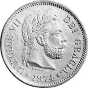 Spain 5 Pesetas Charles VII 1874 X# PT4 CAROLUS VII DEI GRACIA 1874 coin obverse Spain 5 Pesetas Charles VII 1874 X# PT4 CAROLUS VII DEI GRACIA 1874 coin obverse
