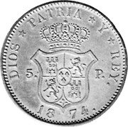 Spain 5 Pesetas Charles VII 1874 X# PT4 DIOS PATRIA Y REY 5 P 1874 coin reverse Spain 5 Pesetas Charles VII 1874 X# PT4 DIOS PATRIA Y REY 5 P 1874 coin reverse