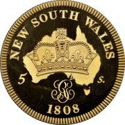 Australia 5 Shillings George III New South Wales 1808 (2007) Proof X# 1g NEW SOUTH WALES 5 S 1808 coin reverse Australia 5 Shillings George III New South Wales 1808 (2007) Proof X# 1g NEW SOUTH WALES 5 S 1808 coin reverse