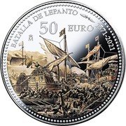 Spain 50 Euro 450th anniversary of the Battle of Lepanto 2021 M♚ BATALLA DE LEPANTO 1571–2021 50 EURO coin reverse