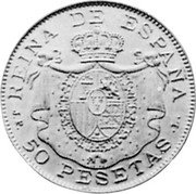 Spain 50 Pesetas Isabel II 1904 JP-L Proof X# 16 REINA DE ESPAÑA JP L 50 PESETAS coin reverse