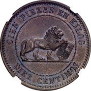 Spain Diez Centimos 1869 Rare KM# Pn11 Spain CIEN PIEZAS EN KILOG DIEZ CENTIMOS coin obverse Spain Diez Centimos 1869 Rare KM# Pn11 Spain CIEN PIEZAS EN KILOG DIEZ CENTIMOS coin obverse