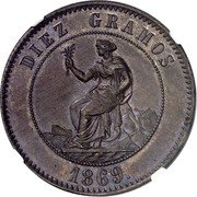 Spain Diez Centimos 1869 Rare KM# Pn11 Spain DIEZ GRAMOS 1869 coin reverse Spain Diez Centimos 1869 Rare KM# Pn11 Spain DIEZ GRAMOS 1869 coin reverse