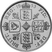 UK Double Florin Elizabeth II -pattern 1953 Plain edge, coin alignment, X# P93 X# 105 BRIT REG 1953 FID DEF coin reverse UK Double Florin Elizabeth II -pattern 1953 Plain edge, coin alignment, X# P93 X# 105 BRIT REG 1953 FID DEF coin reverse