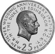 UK New 25 Pence Silver wedding anniversary- Trial strike (1972) X# TS1 SILVER WEDDING ANNYVERSARY 1947 1972 H R H THE DUKE OF EDINBURGH K C K T H P coin obverse UK New 25 Pence Silver wedding anniversary- Trial strike (1972) X# TS1 SILVER WEDDING ANNYVERSARY 1947 1972 H R H THE DUKE OF EDINBURGH K C K T H P coin obverse