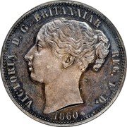 UK One Penny (Victoria) X# 38a VICTORIA D G BRITANNIAR REG F D 1860 coin obverse