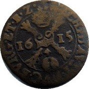 Netherlands 1/2 Liard (6 Mites. Gigot) Albert and Elizabeth 1615 KM# 32.3 ARCHI... BVRG ET B. Z. 16 15 coin obverse Netherlands 1/2 Liard (6 Mites. Gigot) Albert and Elizabeth 1615 KM# 32.3 ARCHI... BVRG ET B. Z. 16 15 coin obverse