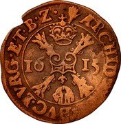 Netherlands 1/2 Liard (6 Mites. Gigot) Albert and Elizabeth 1615 KM# 32.1 ARCHID AVST DVC BVRG ET B 16 15 coin reverse Netherlands 1/2 Liard (6 Mites. Gigot) Albert and Elizabeth 1615 KM# 32.1 ARCHID AVST DVC BVRG ET B 16 15 coin reverse