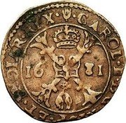 Netherlands 1/2 Liard (6 Mites. Gigot) Charles II 1681 KM# 100.1 CAROL II D G HISP ET INDIAR REX 16 81 coin obverse Netherlands 1/2 Liard (6 Mites. Gigot) Charles II 1681 KM# 100.1 CAROL II D G HISP ET INDIAR REX 16 81 coin obverse