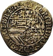 Netherlands 1/2 Patard (Albert and Elizabeth) KM# 41.1 ARCHID AVST DVC BVRG BR ZC coin reverse Netherlands 1/2 Patard (Albert and Elizabeth) KM# 41.1 ARCHID AVST DVC BVRG BR ZC coin reverse