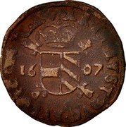 Netherlands 2 Deniers Albert and Elizabeth 1607 KM# 12 ARCH AVS DVCES BVRG DOM TOR 16 07 coin reverse Netherlands 2 Deniers Albert and Elizabeth 1607 KM# 12 ARCH AVS DVCES BVRG DOM TOR 16 07 coin reverse