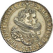 Netherlands 2 Ducatons Albert and Elizabeth 1619 KM# 50.2 ALBERTVS ET ELISABET DEI GRATIA 16 19 coin obverse Netherlands 2 Ducatons Albert and Elizabeth 1619 KM# 50.2 ALBERTVS ET ELISABET DEI GRATIA 16 19 coin obverse