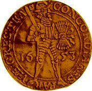 Netherlands 2 Ducats (Knight Holding Bundle of Arrows) KM# 42.1 CONCORDIA RES PAR CRESTRA 16 53 coin obverse Netherlands 2 Ducats (Knight Holding Bundle of Arrows) KM# 42.1 CONCORDIA RES PAR CRESTRA 16 53 coin obverse