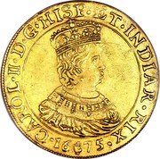 Netherlands 2 Souverains D'or Charles II 1675 Hand KM# 82.1 CAROLIISG HISP ET INDIAR REX 16 75 coin obverse Netherlands 2 Souverains D'or Charles II 1675 Hand KM# 82.1 CAROLIISG HISP ET INDIAR REX 16 75 coin obverse