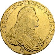 Netherlands 8 Souverains D'or Charles II 1687 Angel face KM# 117.1 CAROL II D G HISP ET INDIAR REX coin obverse Netherlands 8 Souverains D'or Charles II 1687 Angel face KM# 117.1 CAROL II D G HISP ET INDIAR REX coin obverse