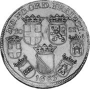 Netherlands Daalder 1685 KM# 73 Utrecht Province MO NO ORD TRAIECT 30 ST 1685 coin obverse Netherlands Daalder 1685 KM# 73 Utrecht Province MO NO ORD TRAIECT 30 ST 1685 coin obverse