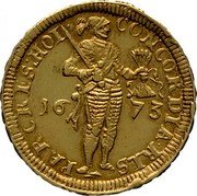 Netherlands Ducat Standing Armored Knight Holland 1673 KM# 10 CONCORDIA RES PAR CRES HOL 16 73 coin obverse Netherlands Ducat Standing Armored Knight Holland 1673 KM# 10 CONCORDIA RES PAR CRES HOL 16 73 coin obverse