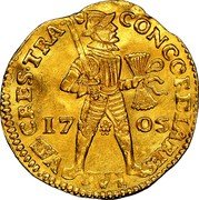 Netherlands Ducat Standing Armored Knight Overijssel 1705 KM# 53 CONCORD RES PAR CRES TRA 17 05 coin obverse Netherlands Ducat Standing Armored Knight Overijssel 1705 KM# 53 CONCORD RES PAR CRES TRA 17 05 coin obverse