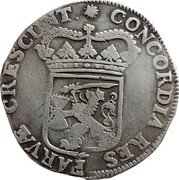 Netherlands Ducat Utrecht Province Knight 1683 Rosette KM# 65 CONCORDIA RES PARV Æ CRESCUNT coin reverse Netherlands Ducat Utrecht Province Knight 1683 Rosette KM# 65 CONCORDIA RES PARV Æ CRESCUNT coin reverse