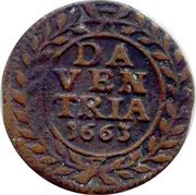 Netherlands Duit 1663 KM# 66 Overijssel - Deventer City Standard Coinage DA VEN TRIA 1663 coin reverse Netherlands Duit 1663 KM# 66 Overijssel - Deventer City Standard Coinage DA VEN TRIA 1663 coin reverse