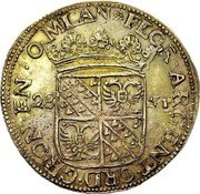 Netherlands Florijn Crowned Arms Large Bust of Man 1674 KM# 32.1 FLOR ARGENT ORD GRON OMLAN 28 ST coin obverse Netherlands Florijn Crowned Arms Large Bust of Man 1674 KM# 32.1 FLOR ARGENT ORD GRON OMLAN 28 ST coin obverse