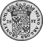 Netherlands Florijn 1691 Dog KM# 51 Groningen & Ommeland Province Standard Coinage MO NO ARG ORD GRON ET OML 1691 28 ST coin obverse Netherlands Florijn 1691 Dog KM# 51 Groningen & Ommeland Province Standard Coinage MO NO ARG ORD GRON ET OML 1691 28 ST coin obverse