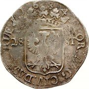 Netherlands Florijn Crowned Imperial Eagle Overijssel 1684 Dog KM# 79 FLOR ARG CIV DAVENTRIAE 1 6 8 4 28 ST coin obverse Netherlands Florijn Crowned Imperial Eagle Overijssel 1684 Dog KM# 79 FLOR ARG CIV DAVENTRIAE 1 6 8 4 28 ST coin obverse