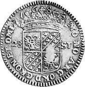 Netherlands Florijn ND KM# 69.19 Holland Province Countermarked Coinage MO NO ZRG ORD GRON ET OML 1 6 8 5 28 ST coin reverse Netherlands Florijn ND KM# 69.19 Holland Province Countermarked Coinage MO NO ZRG ORD GRON ET OML 1 6 8 5 28 ST coin reverse