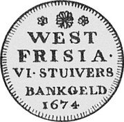 Netherlands Leeuwenschelling 1674 KM# 77 West Friesland Provincial Coinage WEST FRISIA VI STUIVERS BANKGELD 1674 coin reverse Netherlands Leeuwenschelling 1674 KM# 77 West Friesland Provincial Coinage WEST FRISIA VI STUIVERS BANKGELD 1674 coin reverse
