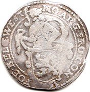 Netherlands Lion Daalder 1633 Lily KM# 14.2 West Friesland Province Standard Coinage MO ARG PRO CON FOE BELG WEST coin obverse Netherlands Lion Daalder 1633 Lily KM# 14.2 West Friesland Province Standard Coinage MO ARG PRO CON FOE BELG WEST coin obverse