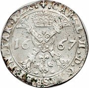 Netherlands Patagon Carlos II 1667 KM# 63 CAROL II D G HISP ET INDIAR REX 16 67 coin obverse Netherlands Patagon Carlos II 1667 KM# 63 CAROL II D G HISP ET INDIAR REX 16 67 coin obverse