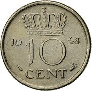 Netherlands 10 Cent Wilhelmina I 1948 KM# 177 19 48 10 CENT coin reverse