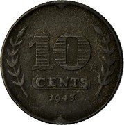 Netherlands 10 Cents Wilhelmina I 1943 KM# 173 10 CENTS 1942 coin reverse